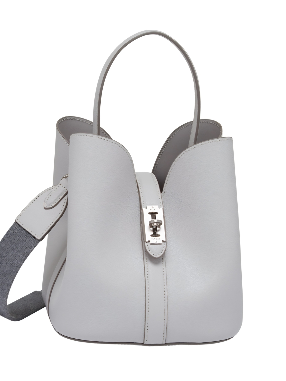 Structured Gray Leather Bucket Bag with Turn-Lock Detail